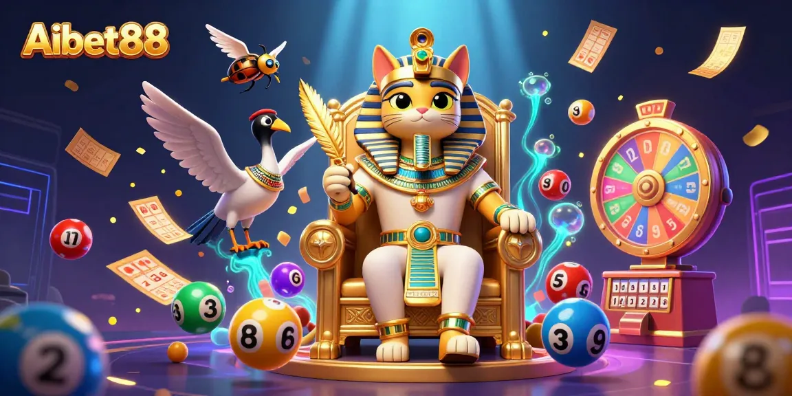 Aibet88 presents a vibrant lottery scene featuring colorful balls, an Egyptian cat pharaoh, and dynamic game elements.