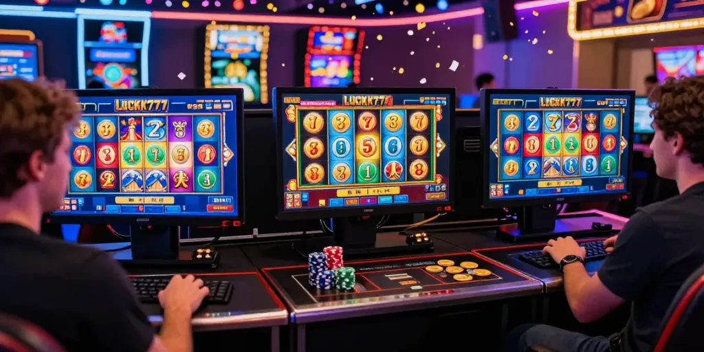 Lucky777 gaming scene with players immersed in animated slot action.