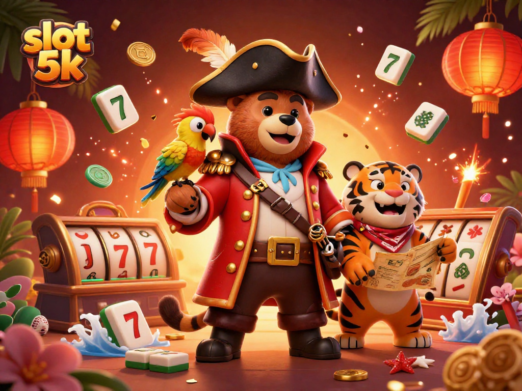 Spin the slot 5k reels with a pirate captain bear, fierce tiger, and golden parrot in a casino adventure
