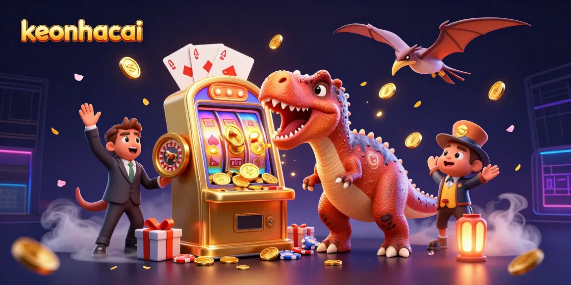 Experience excitement with keonhacai as a dinosaur interacts with a golden slot machine under vibrant casino lights.