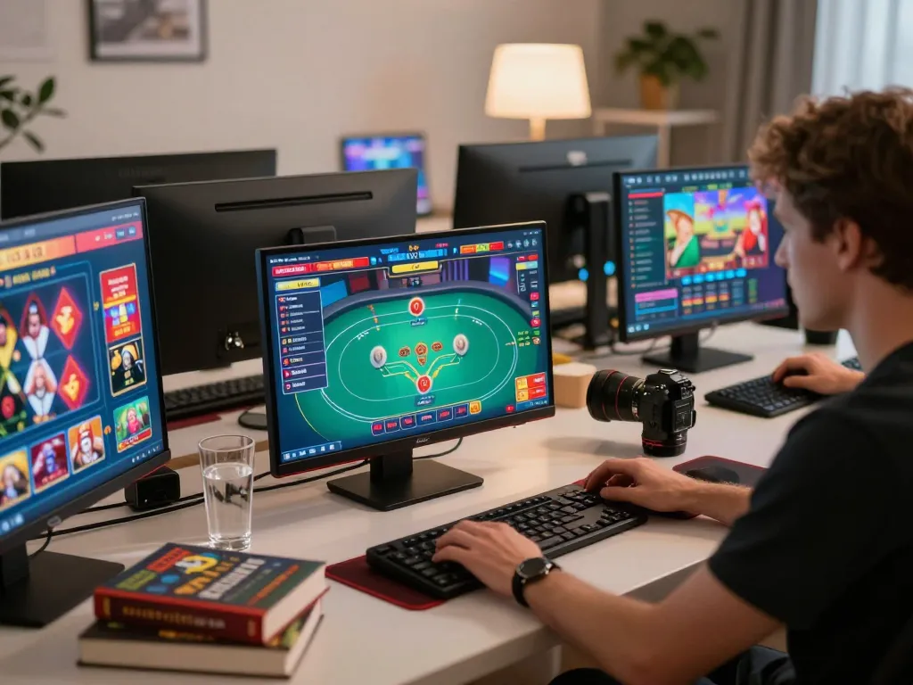 Engaged user playing on cm88 com poker table setup at home, demonstrating strategic online gaming