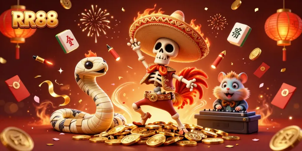 Celebrate wins at RR88 with a vibrant casino scene featuring a dancing rooster, mummy snake, and DJ hamster.