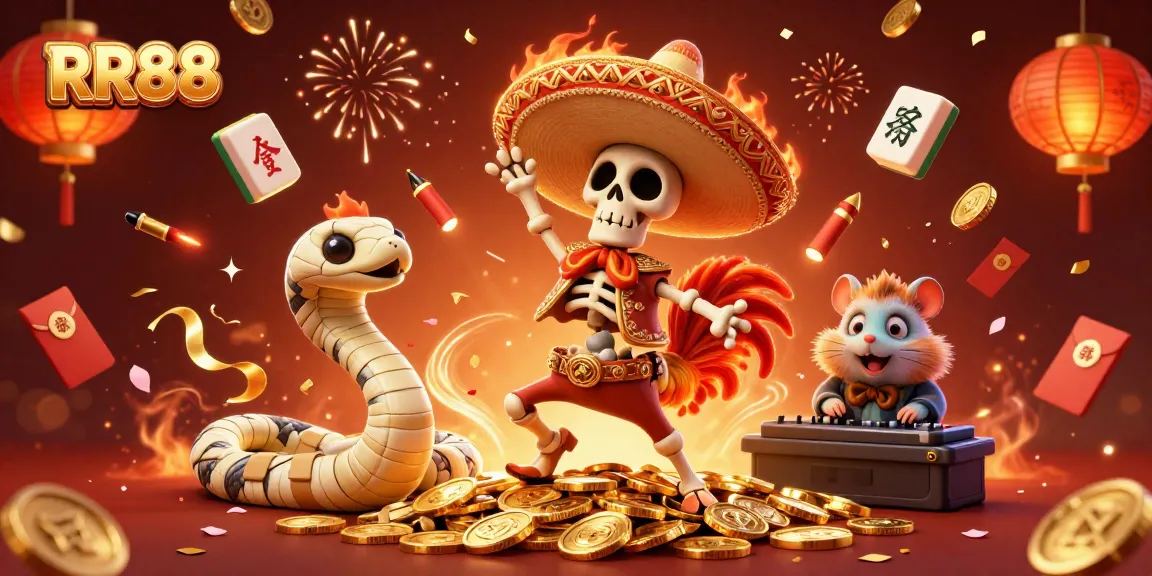 Celebrate wins at RR88 with a vibrant casino scene featuring a dancing rooster, mummy snake, and DJ hamster.
