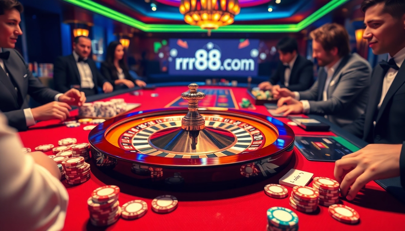 Engaging casino atmosphere showcasing rr88.com with roulette wheel and poker chips.