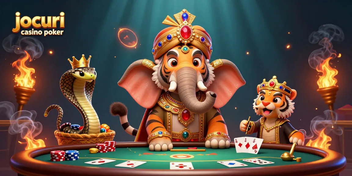 Joacă jocuri casino poker cu tigru maharaja, elephant și carti de joc în atmosfera vibrantă.