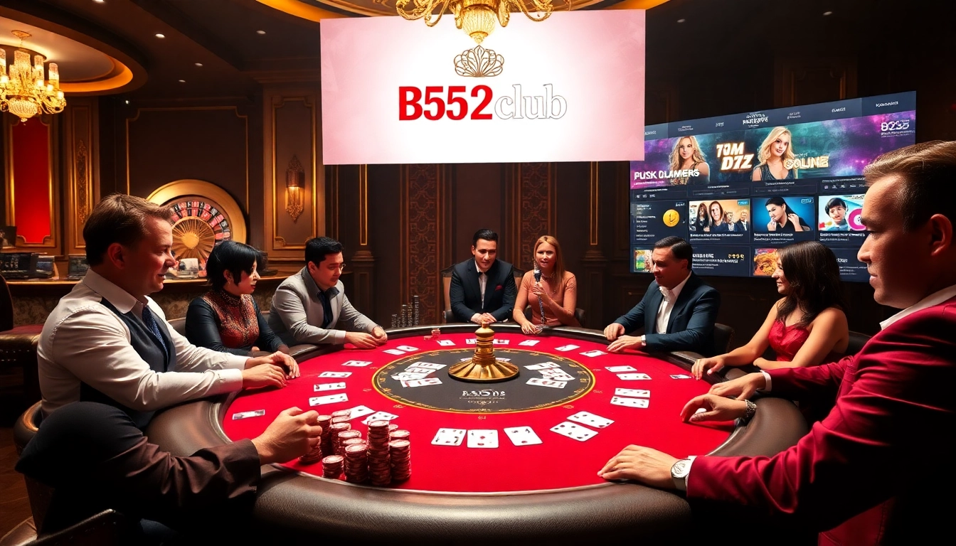 Players enjoying exciting poker action at B52club's luxurious casino tables.