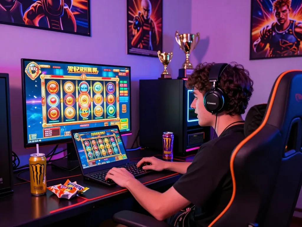 Pemain yang terlibat dalam permainan slot online dengan antarmuka yang hidup dan dekorasi permainan.