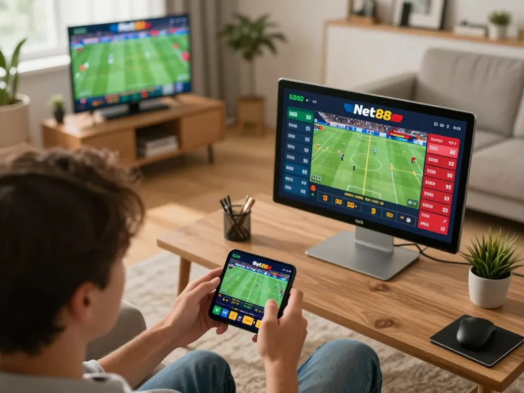 Engaging in sports betting via smartphone on net88 in a bright modern living room.