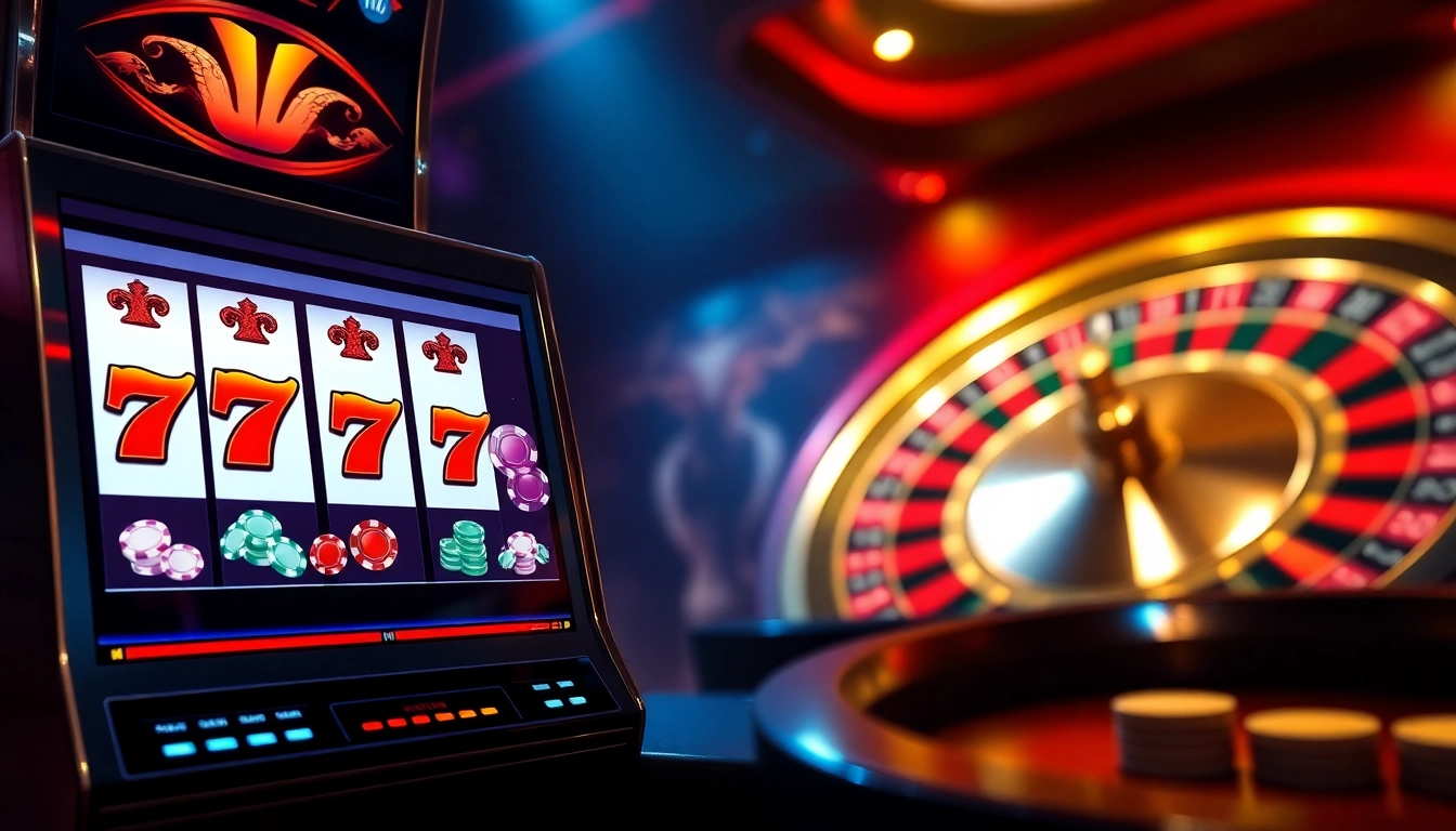 Exciting scene of players enjoying online gambling at https://l567.tech/ with slot machines and roulette.