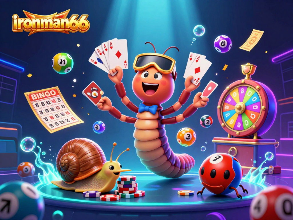 ironman66 entertains players with an immersive casino scene featuring a millipede dealer and colorful game elements.