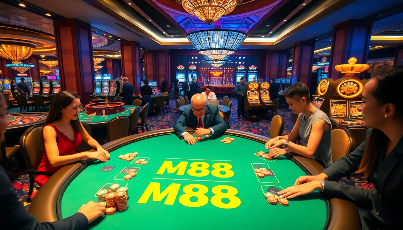 Players engaging in exciting poker action at M88 casino, showcasing vibrant chips and professional dealers.