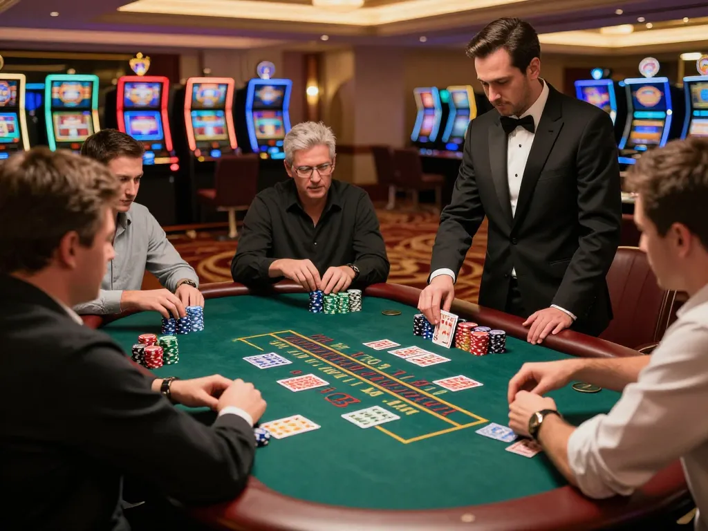 Players strategizing at a blackjack table while engaged in dinamit4d gaming experience, showcasing intensity and excitement