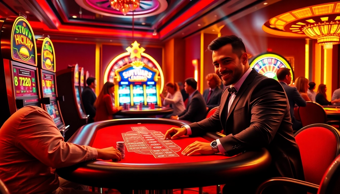 Enjoy the thrilling gaming experience at sunwin20 with poker tables, colorful chips, and a vibrant casino atmosphere.
