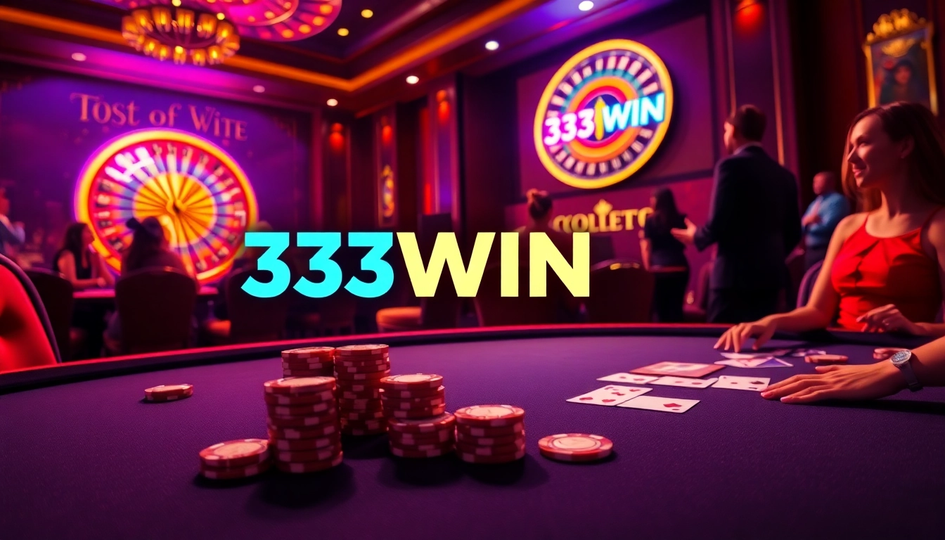 33WIN players engaging in high-stakes poker with vibrant chips and cards in a luxurious casino setting.
