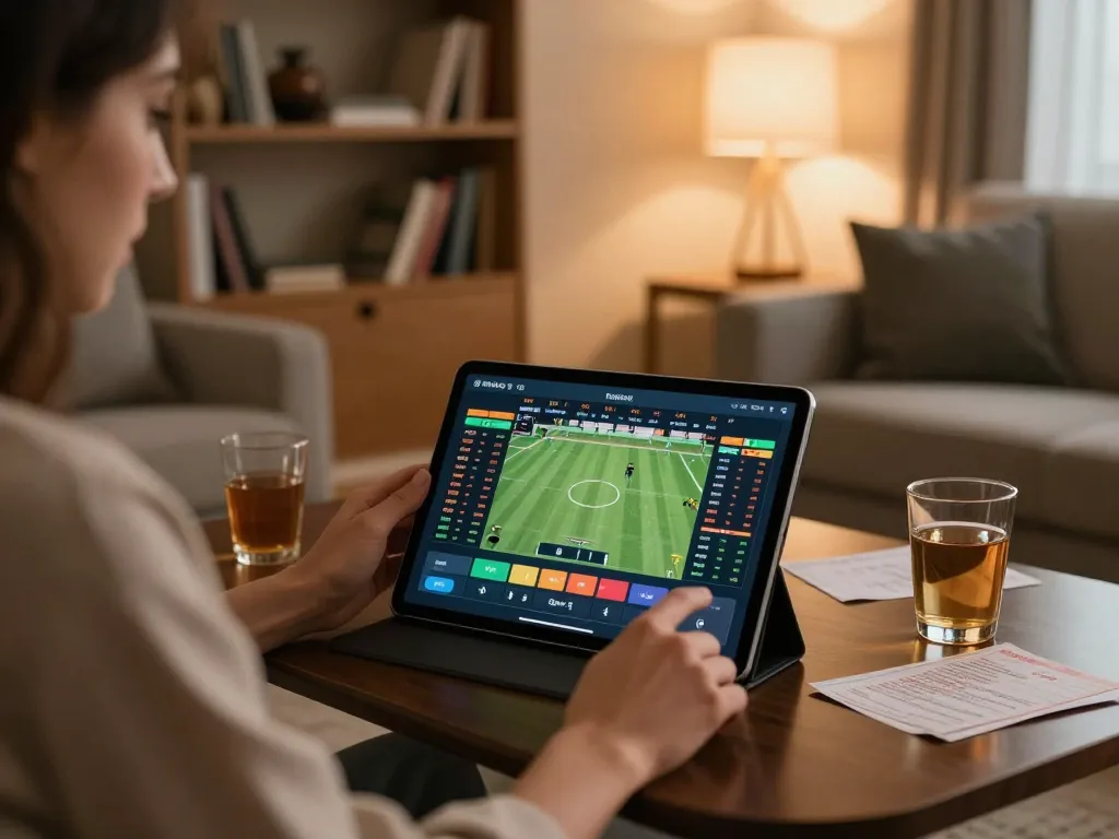 Kèo nhà cái 5 displayed on tablet during an engaging online sports betting session in a cozy living room