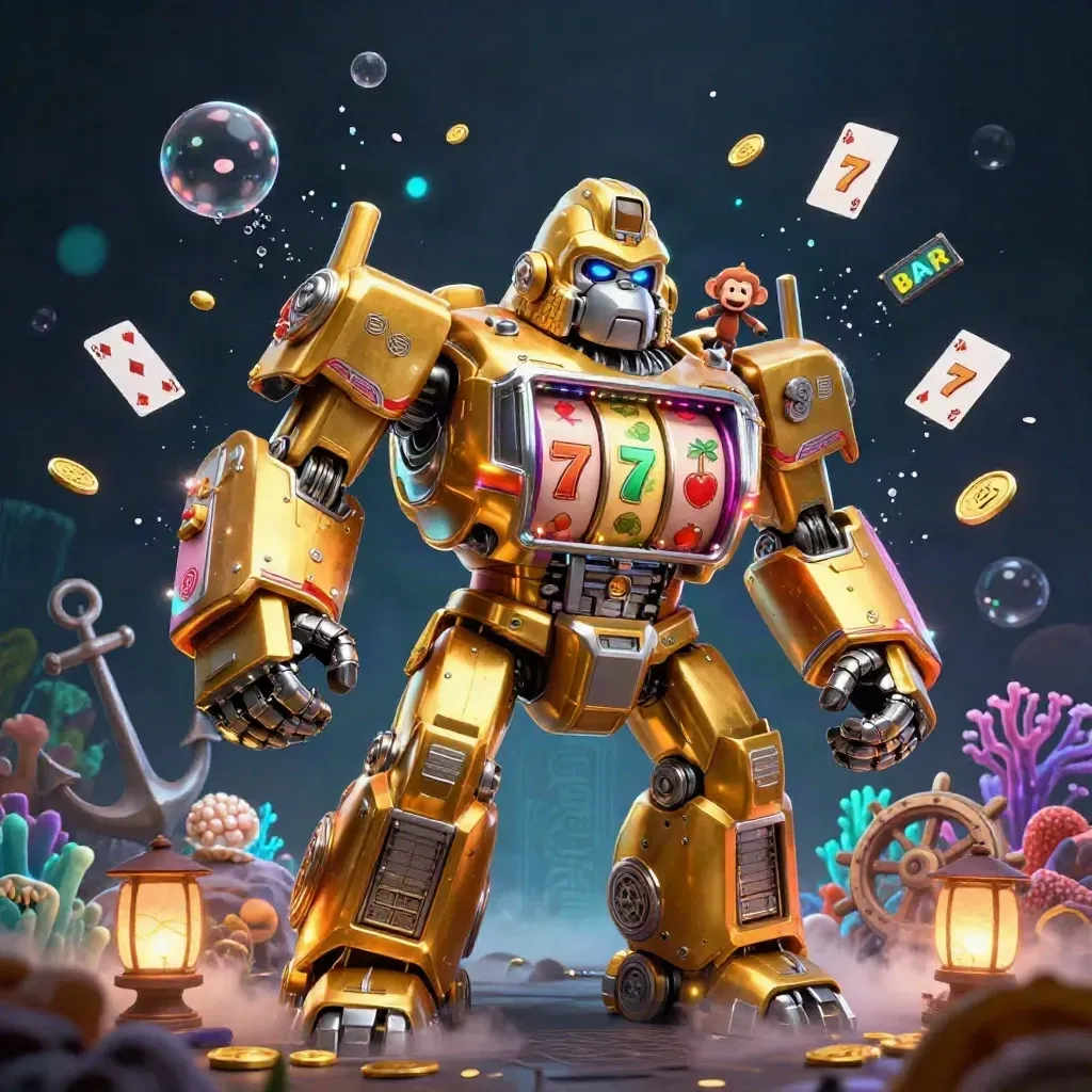 Golden gorilla mech and tiny monkey pilot erupt from an underwater jackpot cove with treasure and reels.