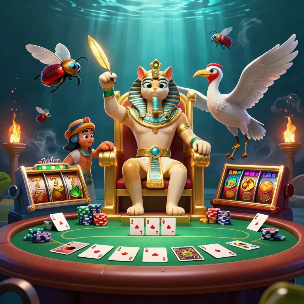Pharaoh cat, ibis scribe, and scarabs amid casino props in a glowing underwater jackpot scene