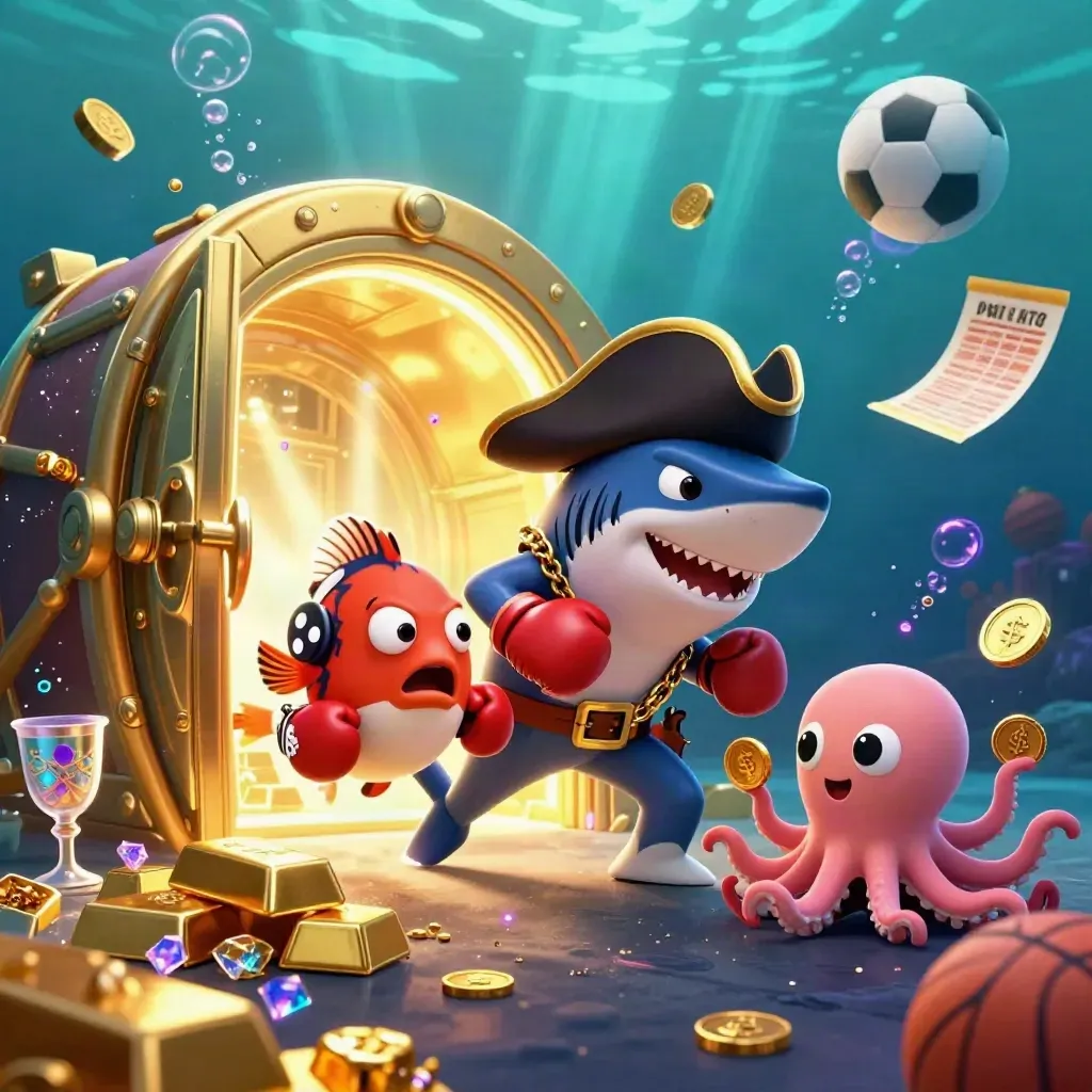 Pirate shark, boxing pufferfish, and octopus amid gold, treasure, and underwater casino glow.