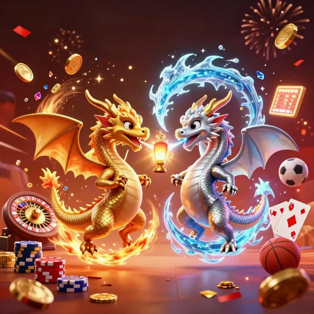 Gold and silver dragons spiral with fire and ice around casino icons in a fiery glow.