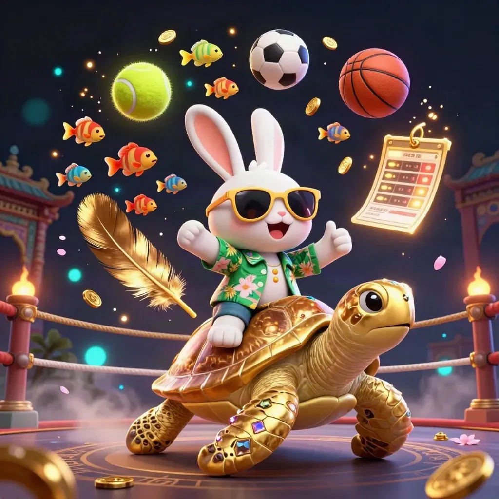 Lucky rabbit rides a gold turtle amid sports balls, coins, petals, and neon casino glow.