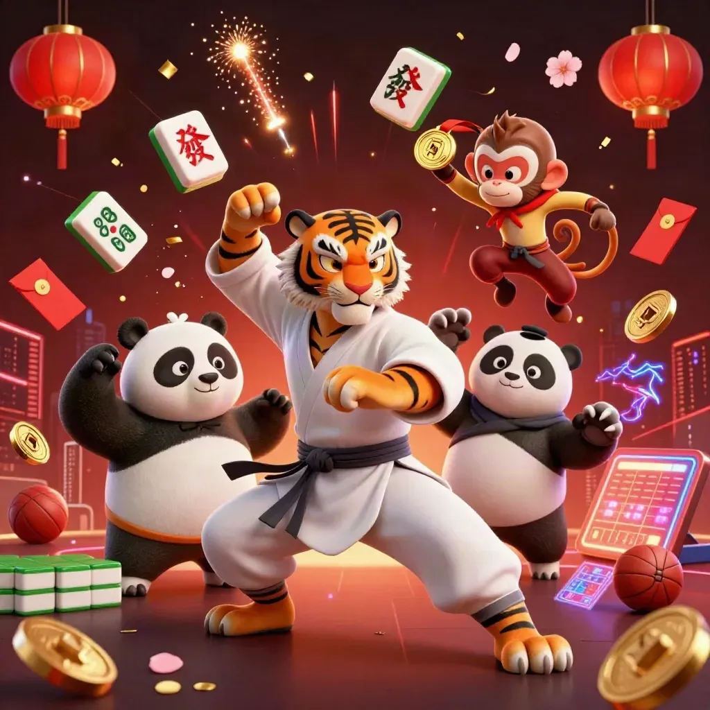 Tiger, panda, and monkey in a flashy casino-sports action scene with gold and neon effects.