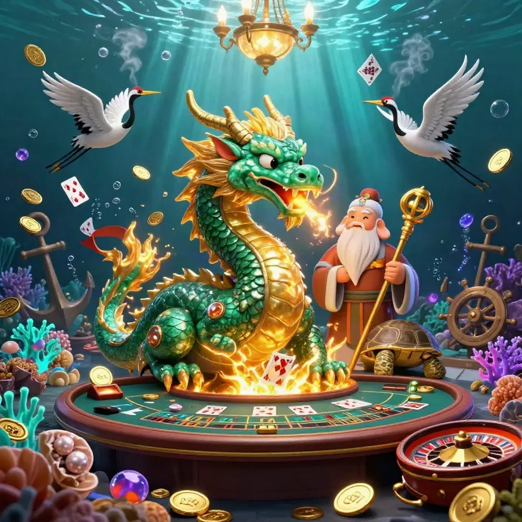 Dragon, turtle sage, and cranes in a luxe underwater casino treasure cove.
