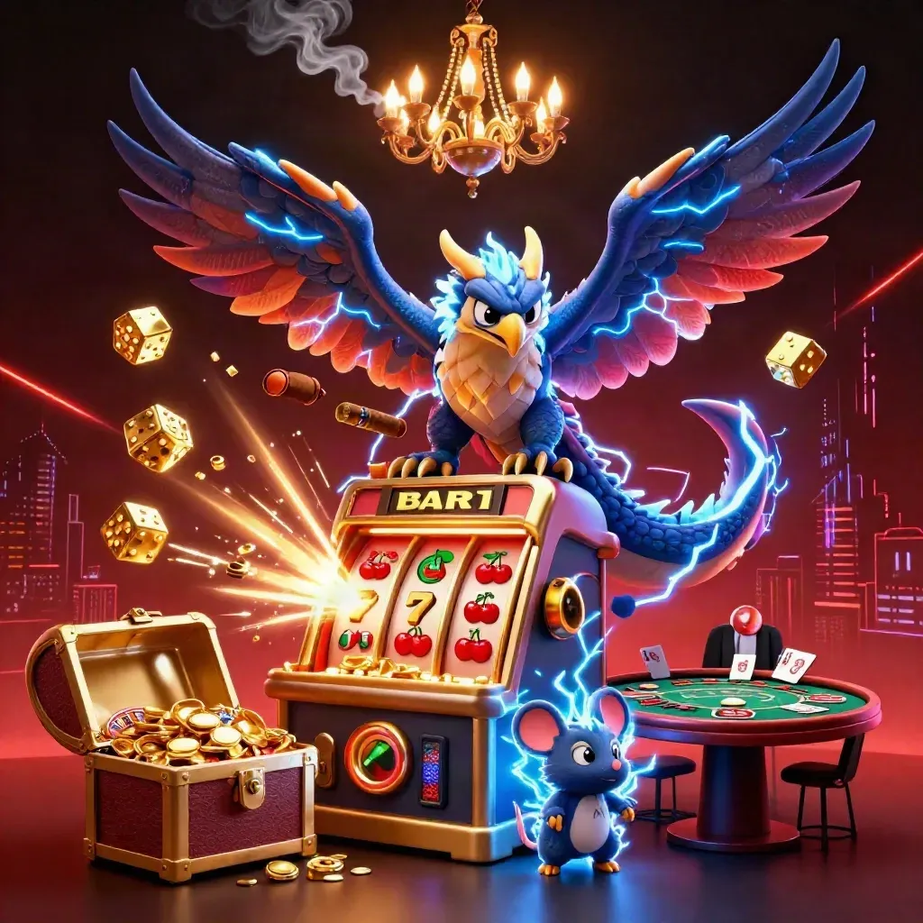 Thunder dragon, wind hawk, and static mouse in a glowing casino burst of gold and lightning.