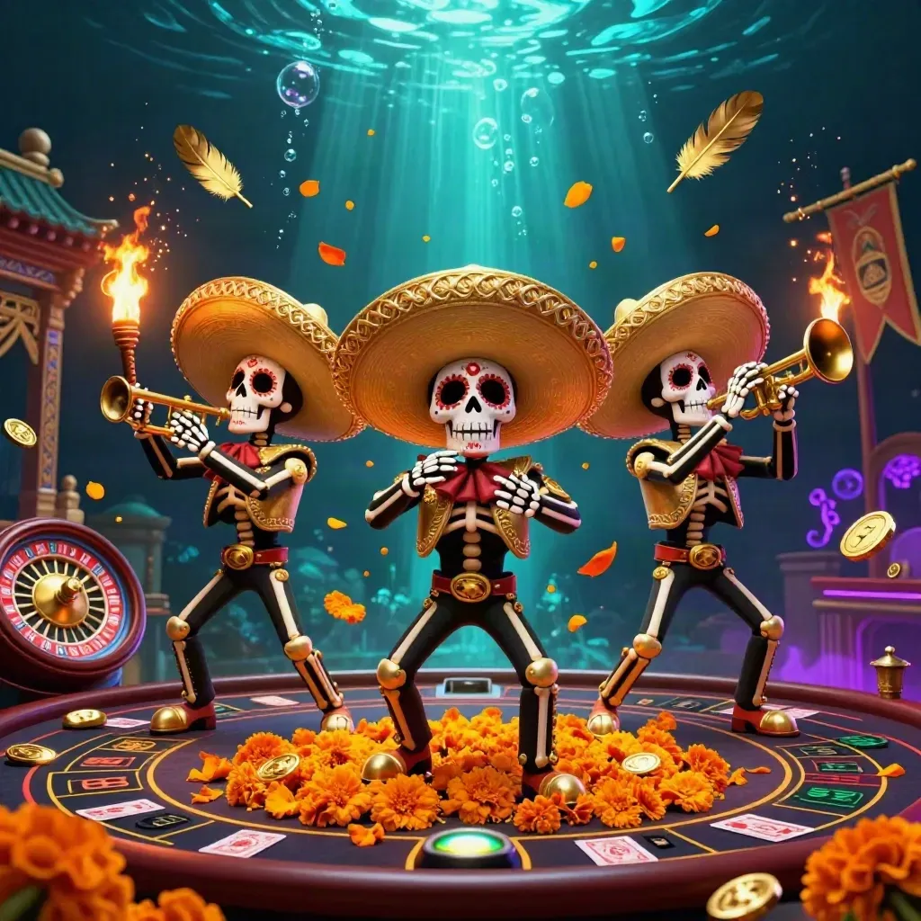 Skeleton mariachi trio in a glowing underwater casino scene with jackpot symbols