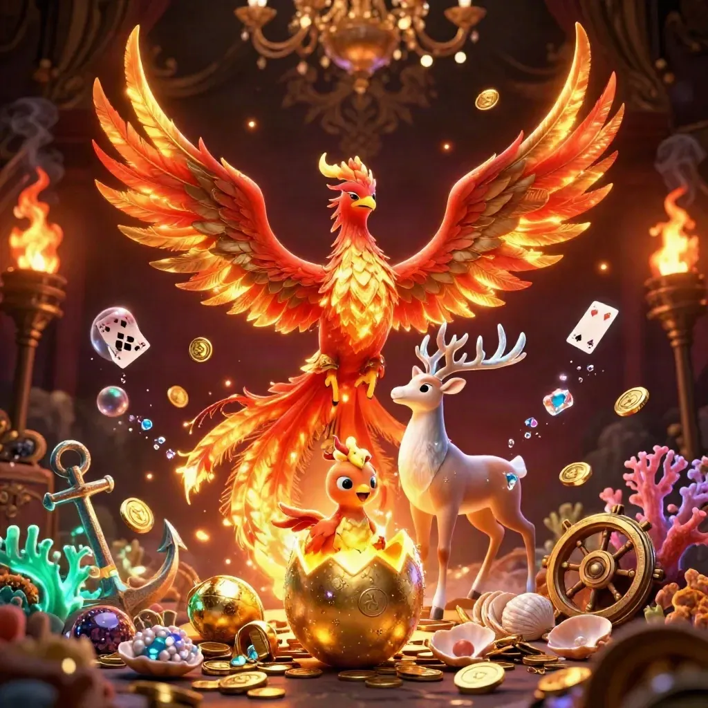 Fire phoenix, hatchling, and crystalline stag amid treasure bursts in a luxe underwater cove.