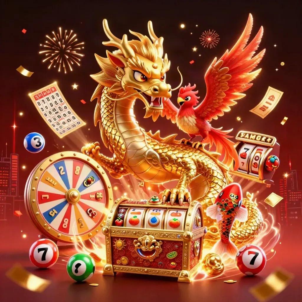 Golden dragon, red phoenix and koi amid jackpot props and neon casino effects.