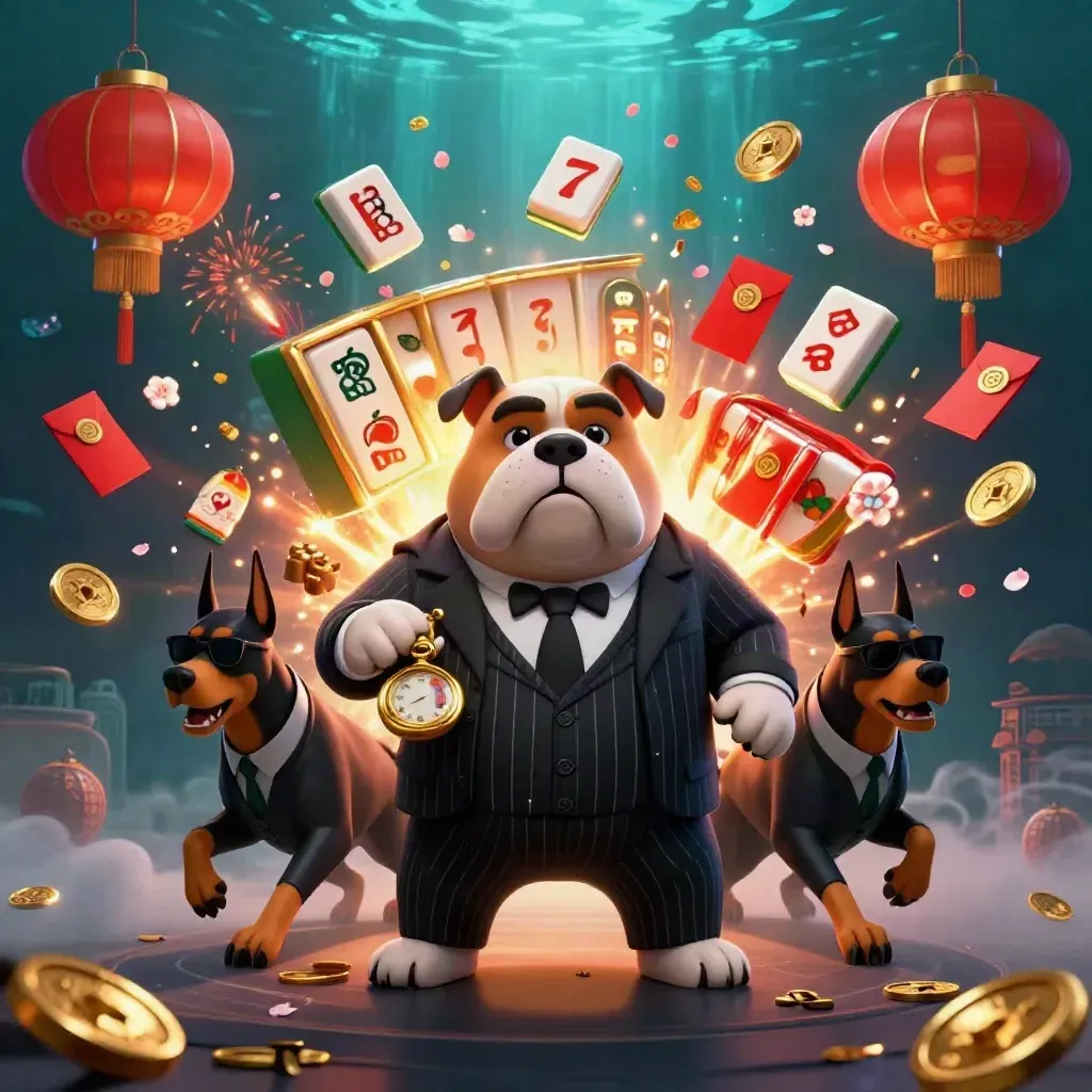 Bulldog mafia boss with two Dobermans amid casino treasures and glowing lanterns.