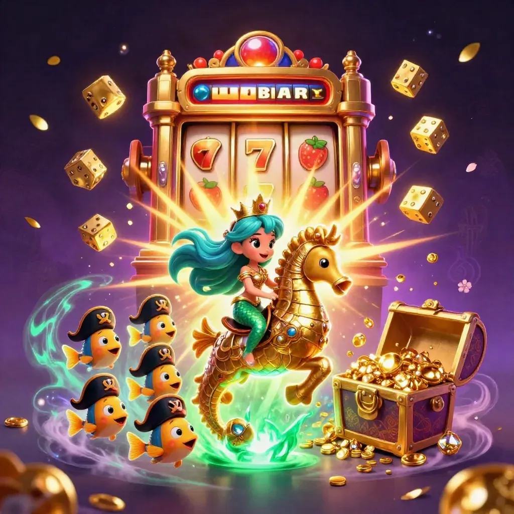 Mermaid princess on armored seahorse amid jackpot slot bursts, gold, dice, fish, and magical casino glow.