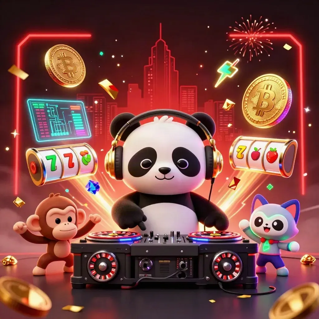 DJ panda, breakdancing monkey, and glow-stick kitten explode with casino crypto energy and jackpot sparkle.