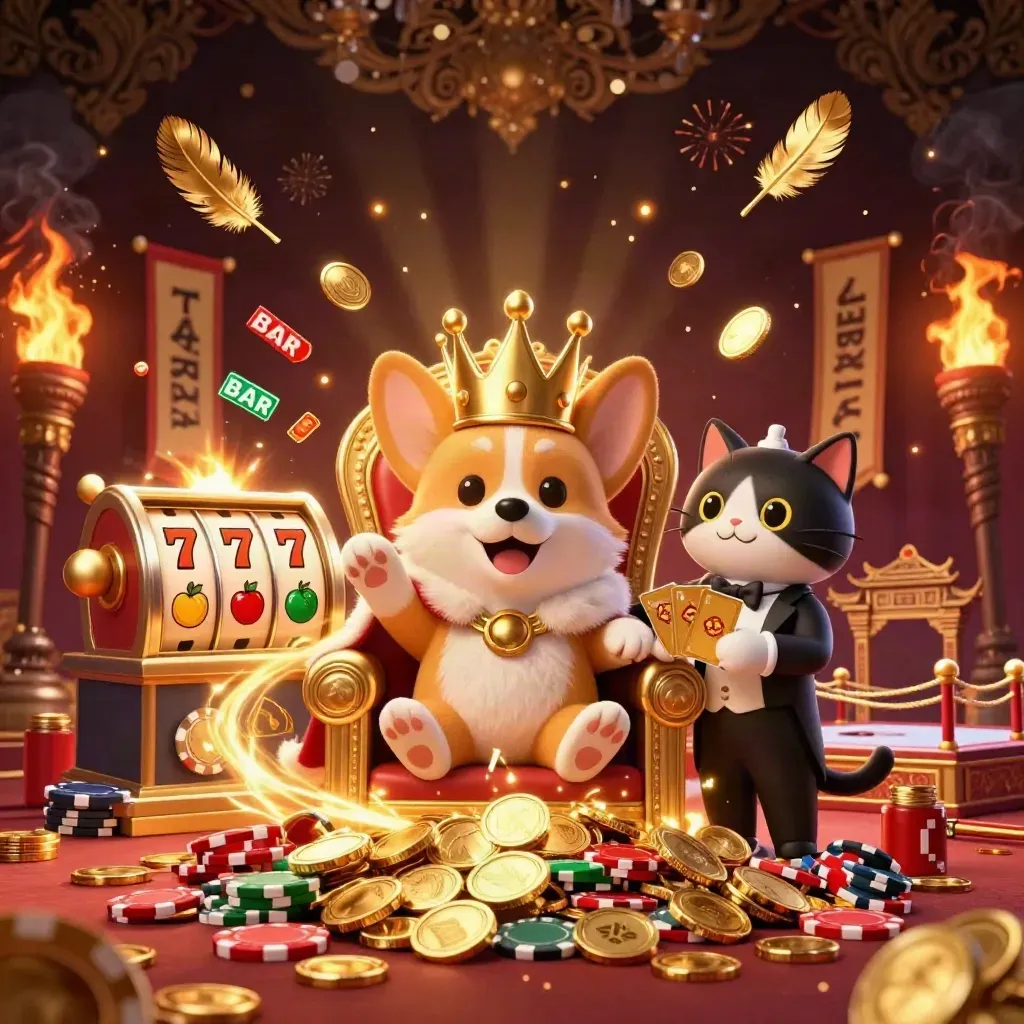 Royal corgi and cat butler amid coins, fireworks, temple gate, and casino jackpot chaos.