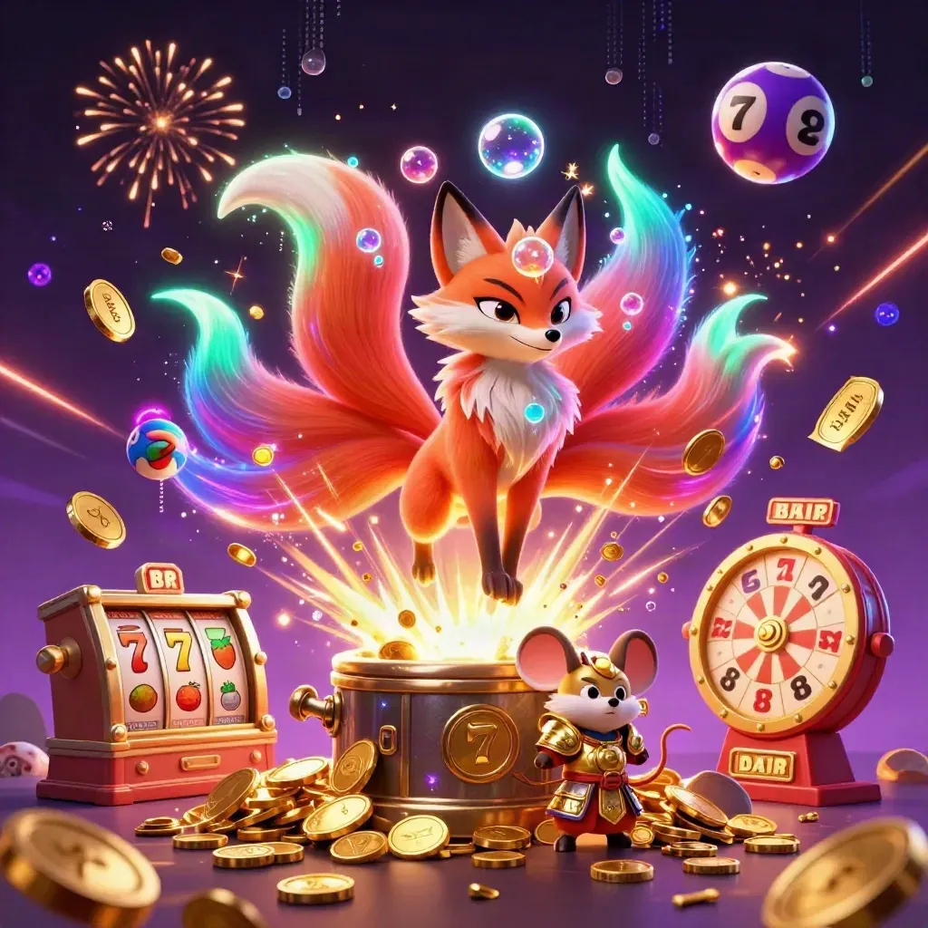 Nine-tailed fox spirit and samurai mouse amid jackpot coins, lottery balls, wheel, tickets, and fireworks.