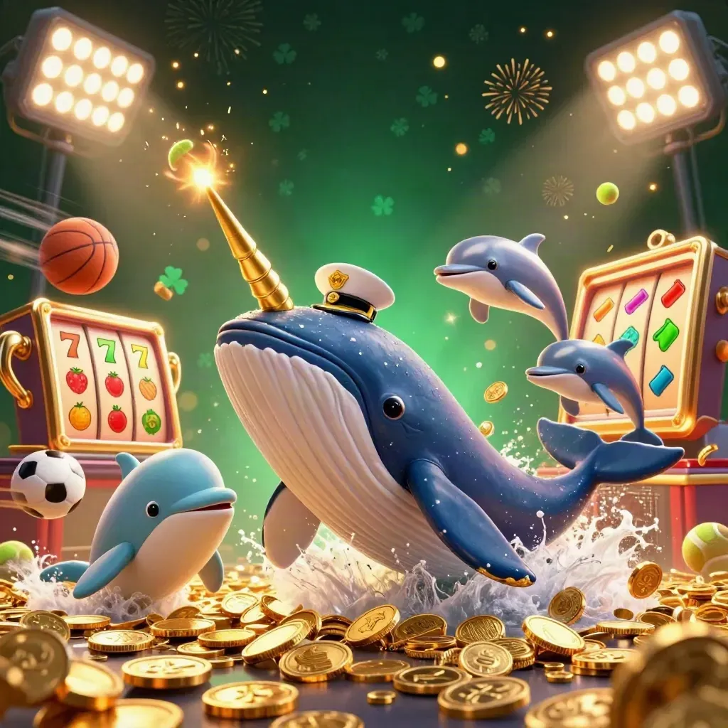 Whale captain and coin-splash crew burst with jackpots, sports balls, trophy, and slot reels.