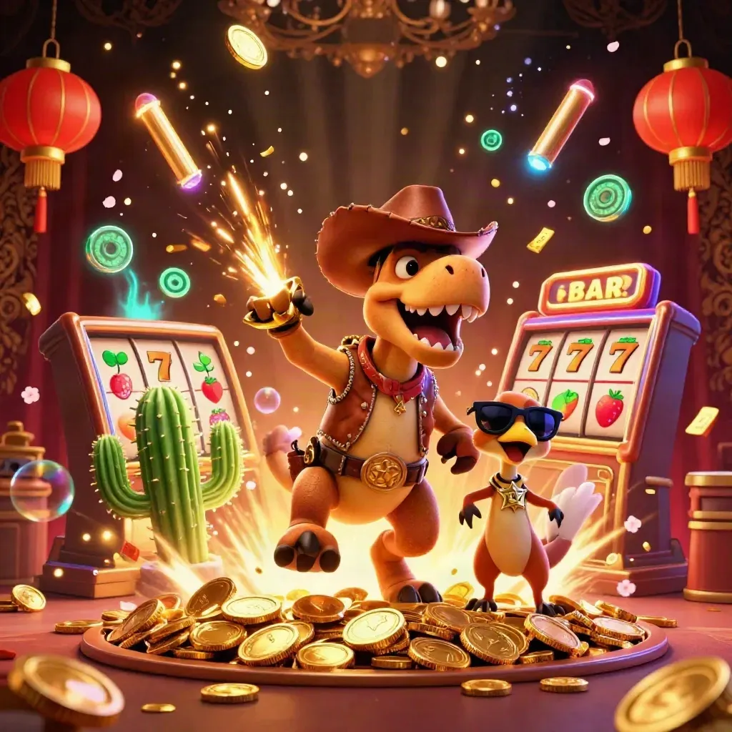 Cowboy T-Rex trio amid vault coins, fireworks, lanterns, and casino glow