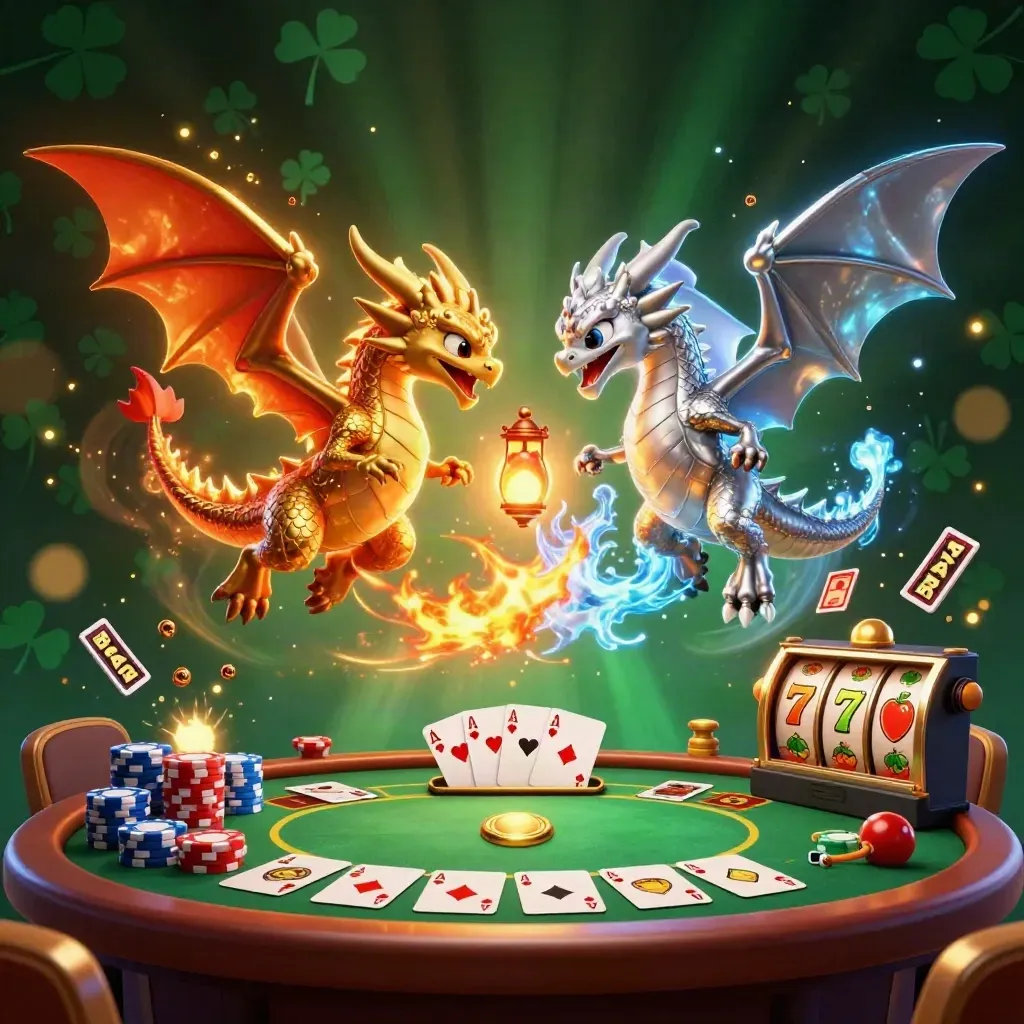 Twin gold and silver dragons spiral with casino cards, chips, reels, and glowing jackpot effects.