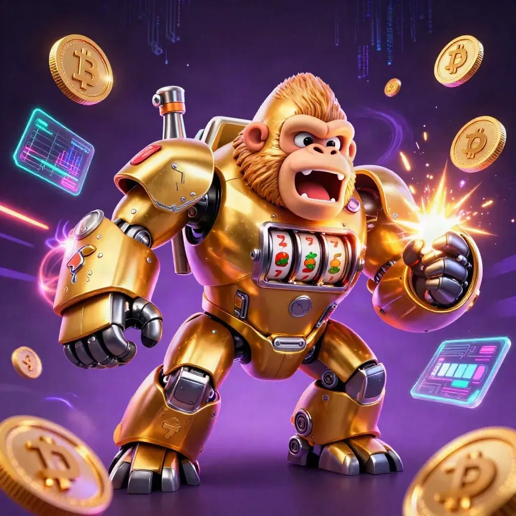 Golden gorilla mech with a tiny monkey pilot, slot reels, crypto coins, and neon casino energy.