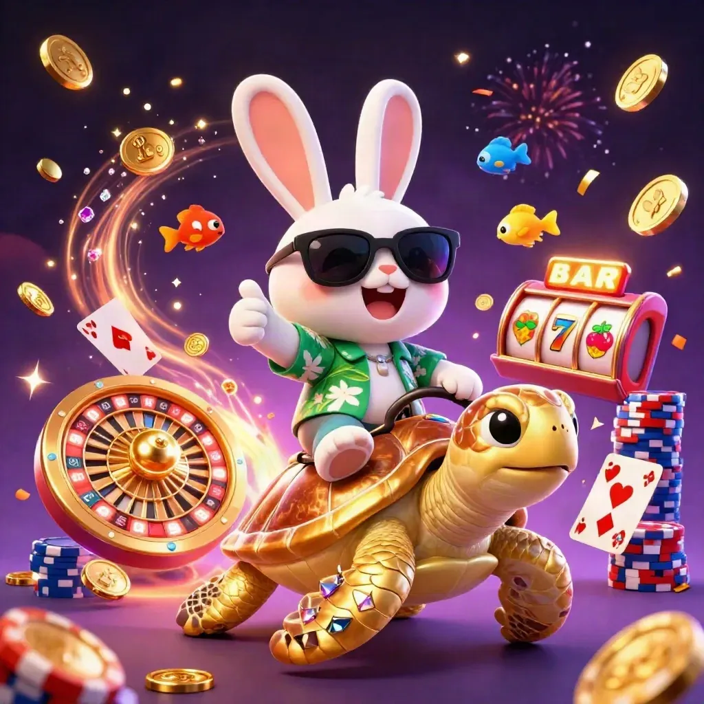 Lucky rabbit rides a golden turtle amid coins, chips, reels, cards and fireworks