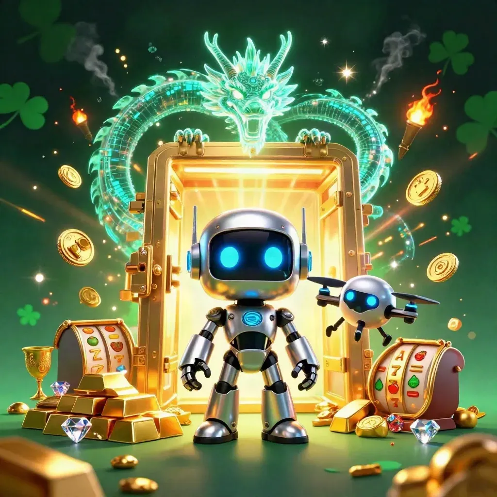 Cyberpunk robot, holographic dragon, and coin drone exploding from a glowing treasure vault.
