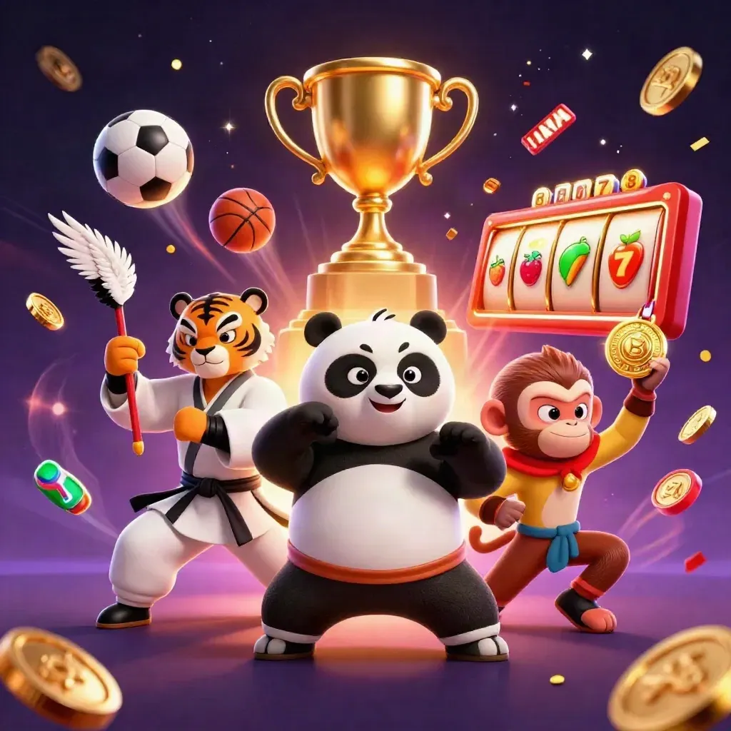 Tiger master, panda disciple, and monkey thief amid jackpots, coins, and neon casino energy.