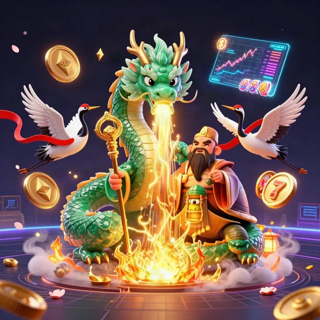 Emerald dragon, turtle sage and cranes amid jackpot coins, reels and neon casino effects.