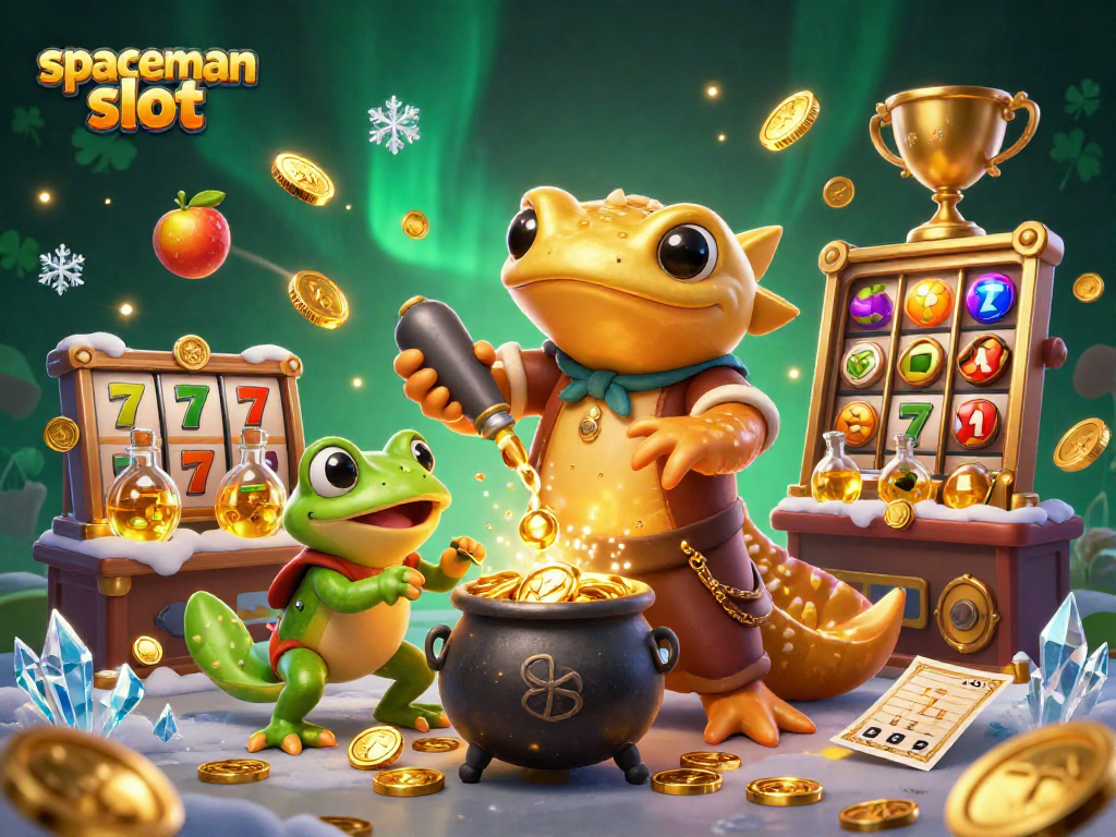 Experience thrilling spins with the spaceman slot, surrounded by vibrant casino elements and animated characters.