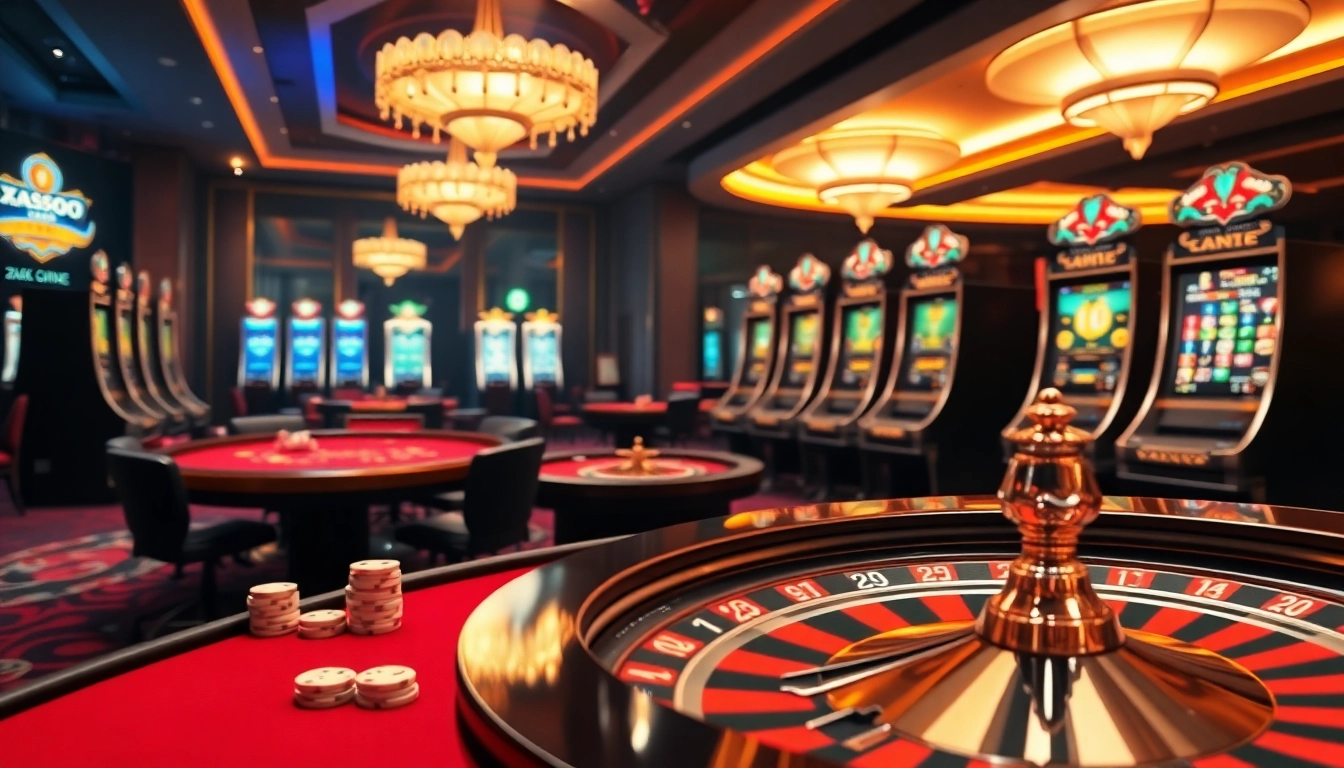 Xoso66 casino scene showcasing vibrant tables, poker chips, and an exciting gambling atmosphere.