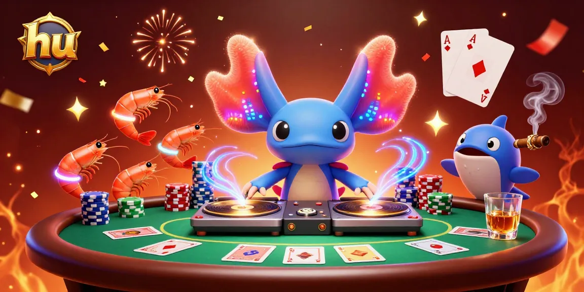 Chơi poker sôi động với hu trong hình ảnh vui nhộn của axolotl DJ, tôm nhảy múa, và cá giong trong sòng bạc.