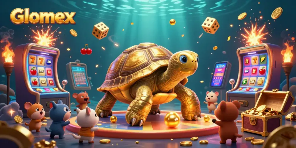 Experience the thrill of playing with Glomex's vibrant slot machines in a dynamic casino scene.