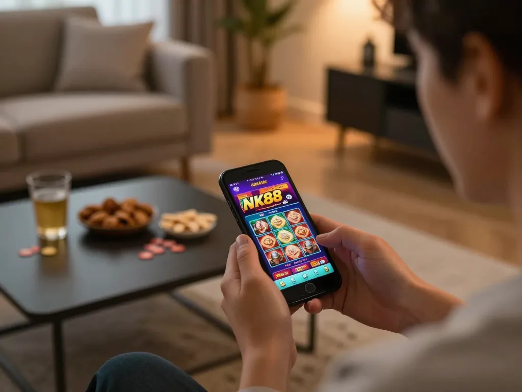Player engaging in mobile gambling on the NK88 app while enjoying a cozy home atmosphere