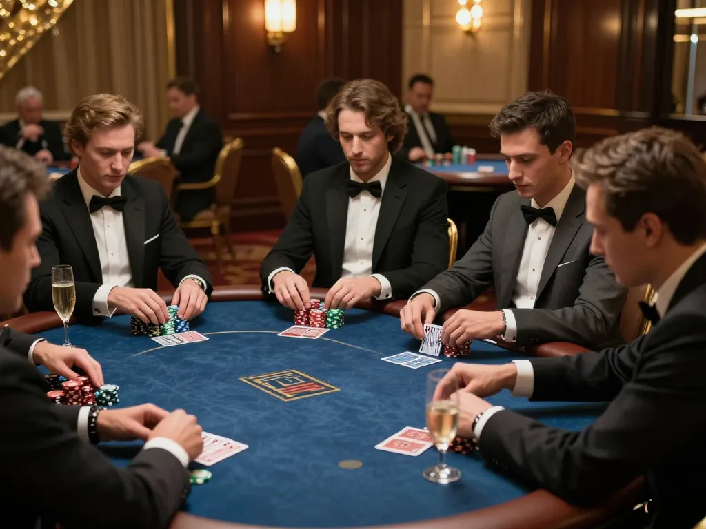 Go8 high-stakes poker players strategizing in an exclusive casino VIP area with luxurious decor