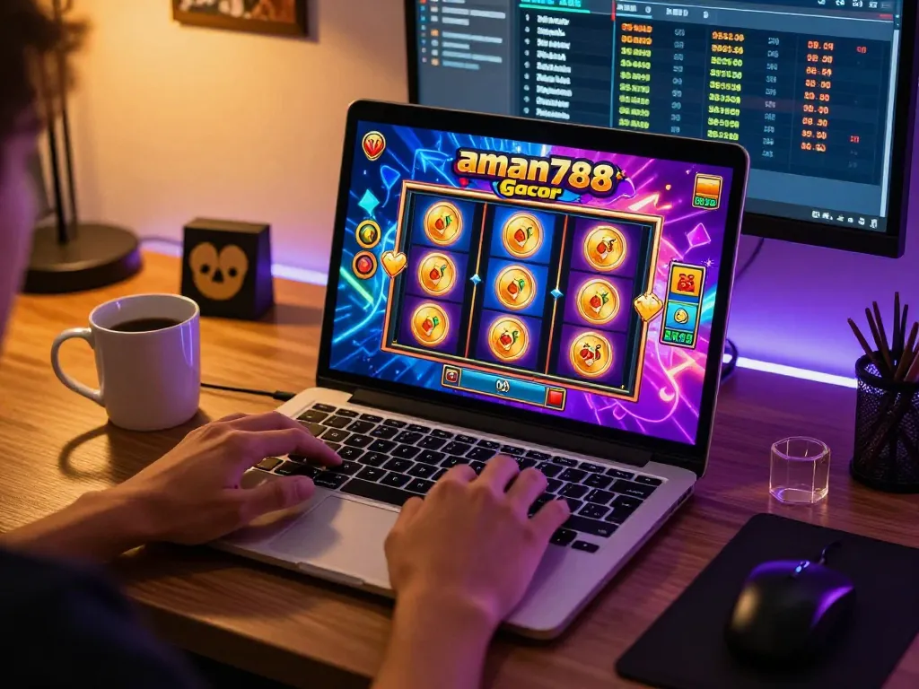 Seorang pemain memainkan aman788 slot gacor secara online, terlibat dalam permainan strategis dengan grafik yang berwarna-warni.